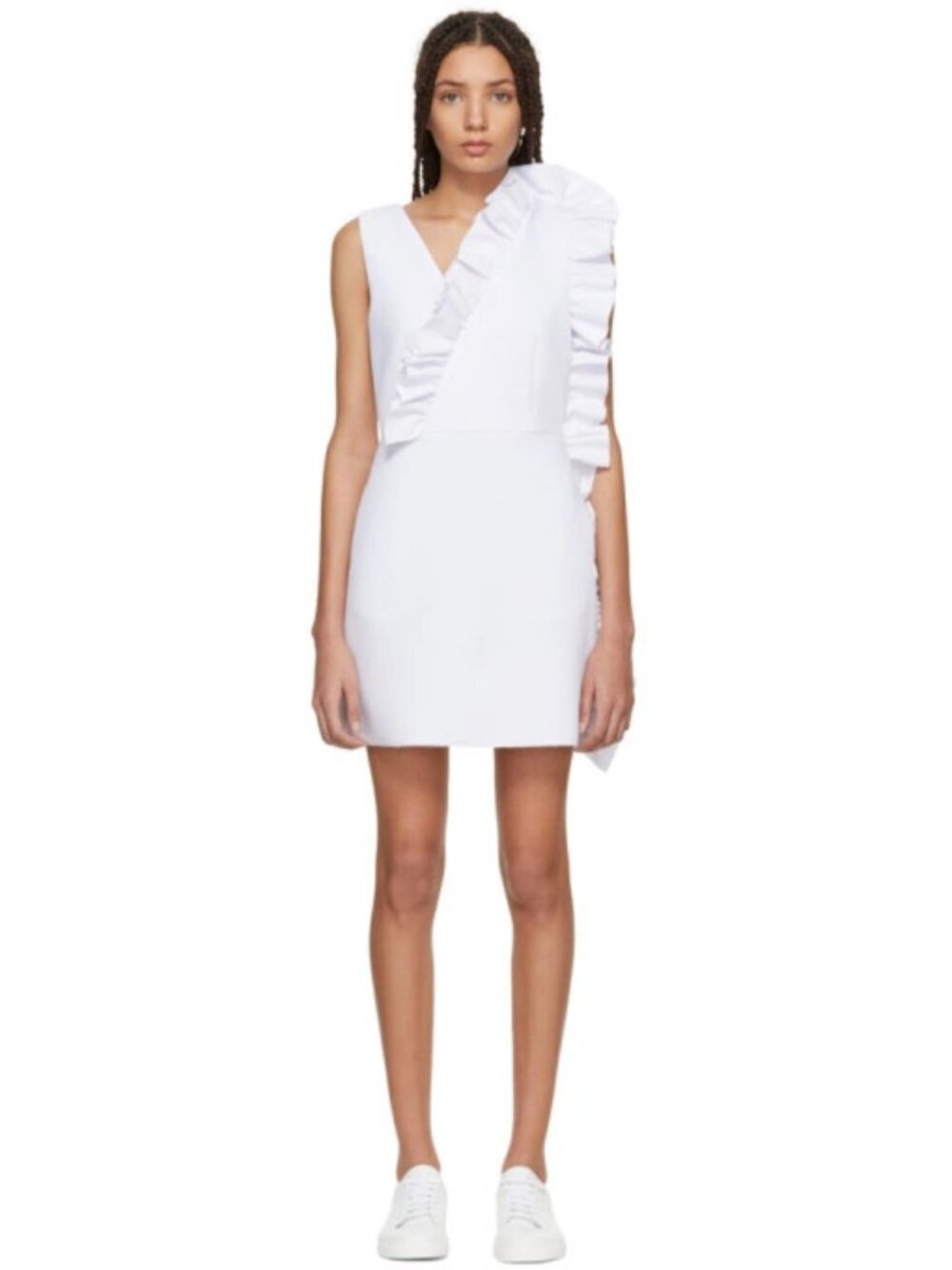 MSGM White Crepe V-Neck Ruffle Trim Mini Sheath Dress, Size 42/M - Picture 2 of 11